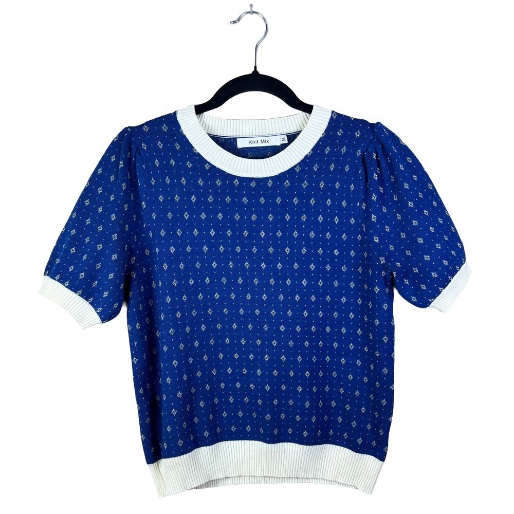 Knit Mix Short Sleeve Sweater Women's Medium Blue Metallic Coquette